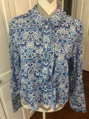 J. Crew Liberty Print Blue and White Floral Tie-Neck Blouse